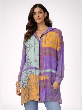 Vintage 90s Passports Pier 1 Patchwork Print Gauze ETHNIC Hoodie Jacket Size S